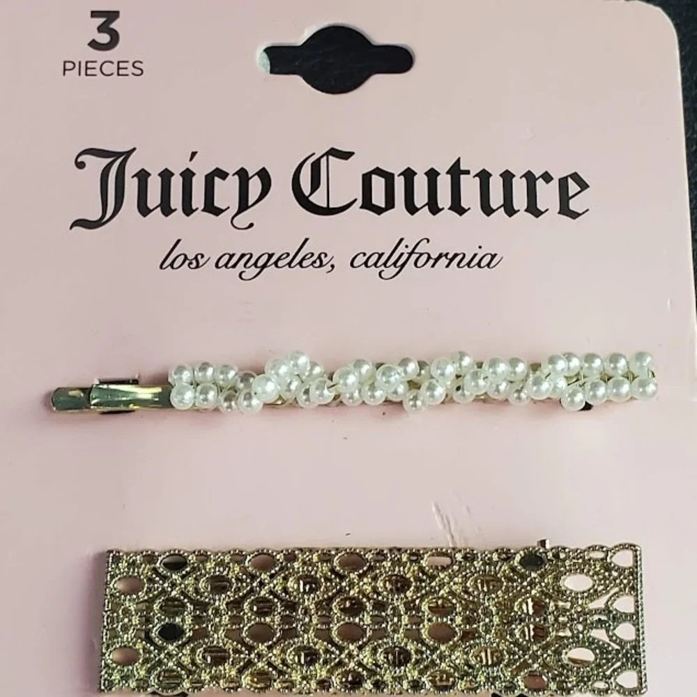 Juicy Couture 3pc Hair Clip Set Gold Tone Faux Pearl Rhinestone Logo New Bling
